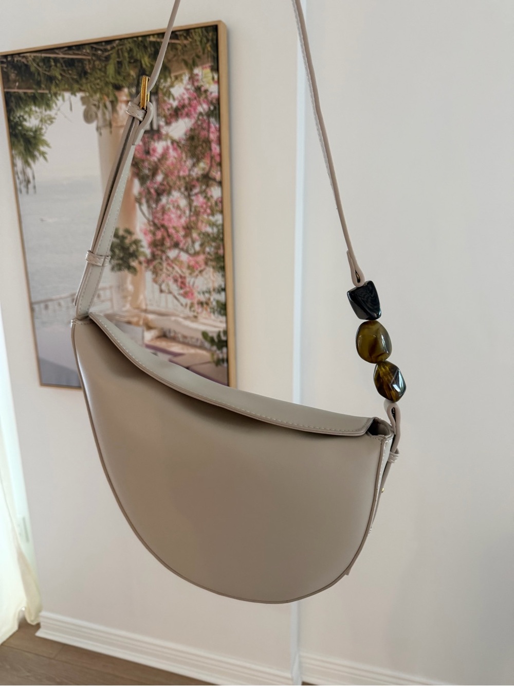 Zara Crescent Shoulder Bag in Taupe with Bead Detail